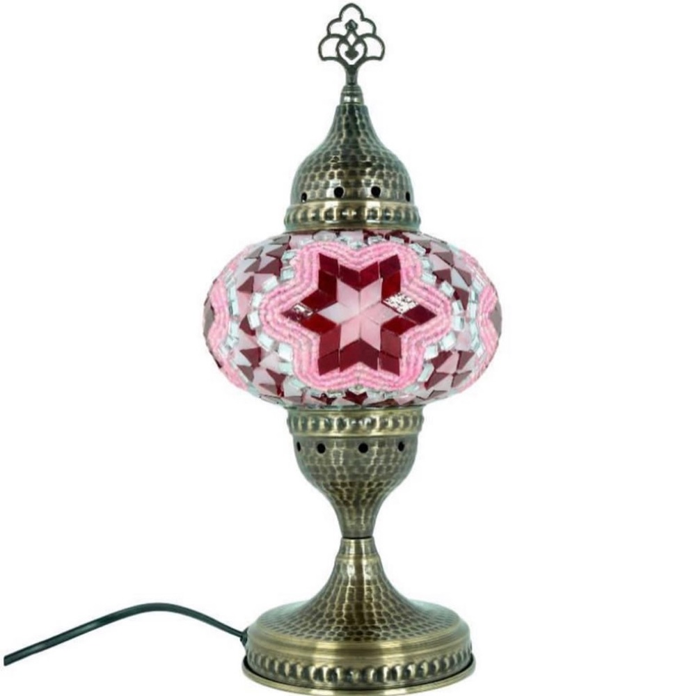 Turkish Morrocan Tiffany Pink & White Mosaic Style Table Lamp w/ Hammered Bronze